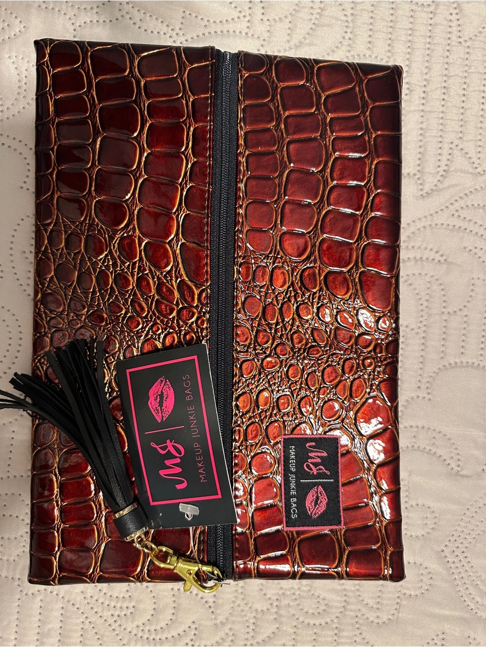 Makeup Junkie Bags Burgundy Croc-Embossed Cosmetic Pouch